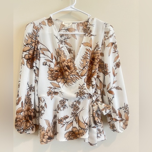 Meraki Cream Bishop Sleeve Wrap Blouse - Picture 2 of 4